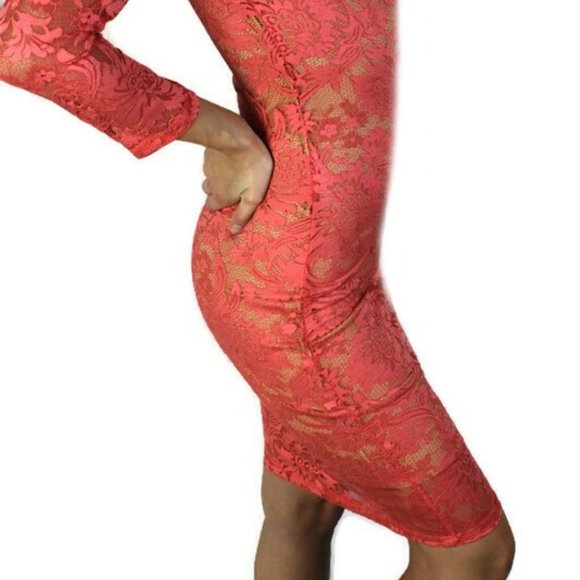 Coral Lace Overlay Dress 3/4 Sleeve Size Small - Picture 2 of 9